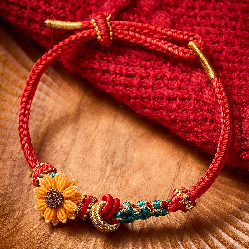 Hand-Woven Red String Peach Blossom Sunflower Luck Bracelet