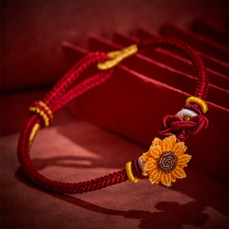 Hand-Woven Red String Sunflower Luck Bracelet