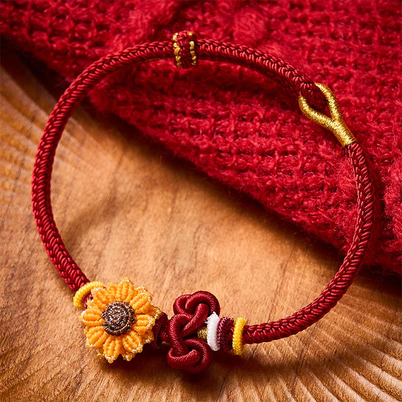 Hand-Woven Red String Sunflower Luck Bracelet