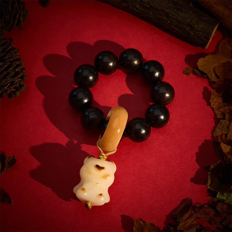 Ebony Wood Charcoal-Grilled Cat & Bear Balance Tactile Meditation Beads Decorations