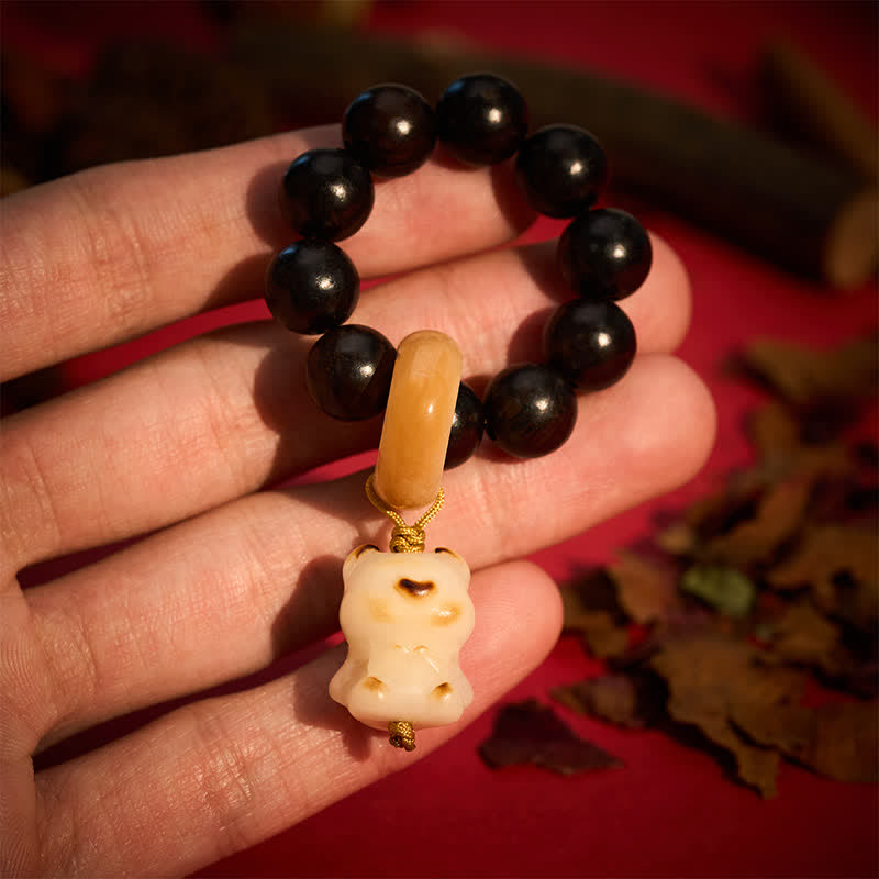 Ebony Wood Charcoal-Grilled Cat & Bear Balance Tactile Meditation Beads Decorations