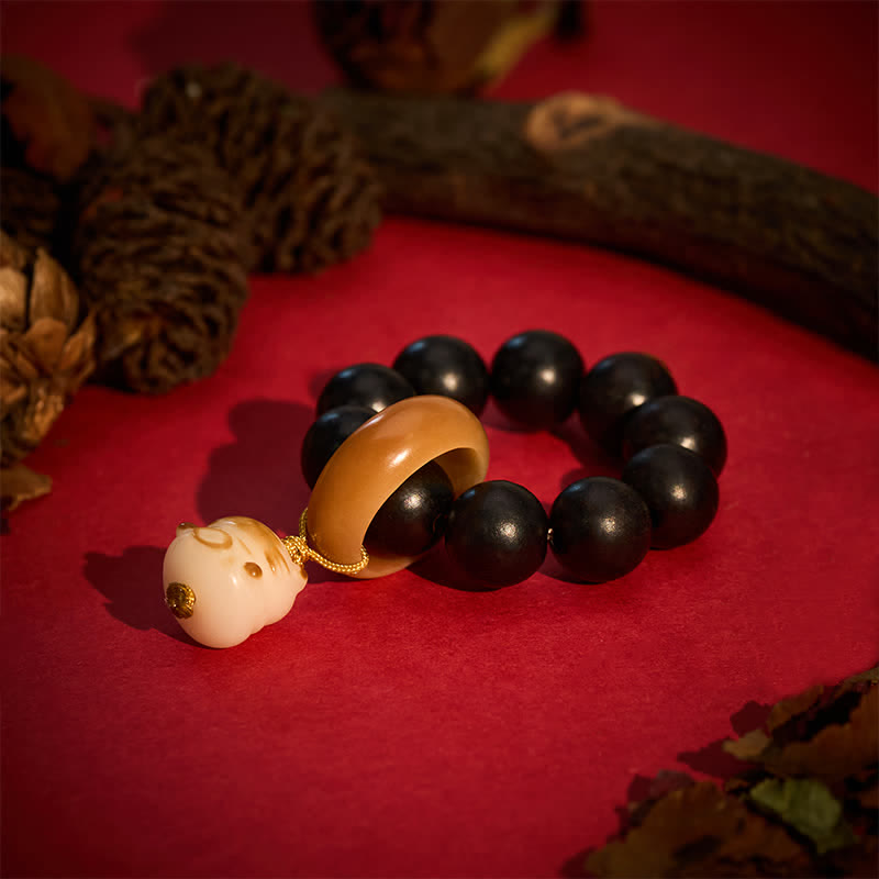 Ebony Wood Charcoal-Grilled Cat & Bear Balance Tactile Meditation Beads Decorations