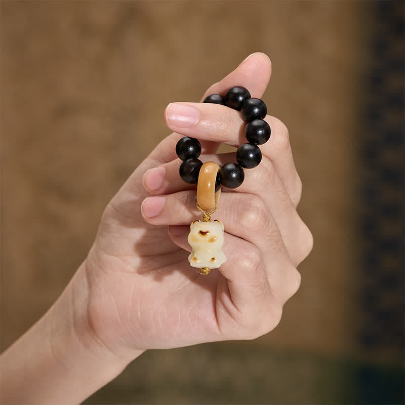 Ebony Wood Charcoal-Grilled Cat & Bear Balance Tactile Meditation Beads Decorations