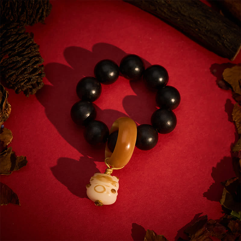Ebony Wood Charcoal-Grilled Cat & Bear Balance Tactile Meditation Beads Decorations