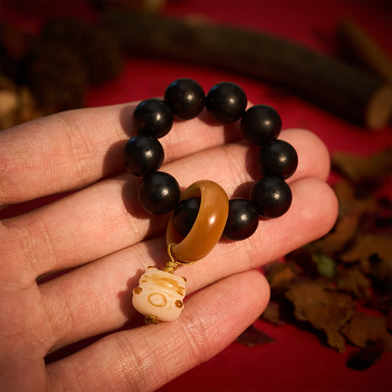 Ebony Wood Charcoal-Grilled Cat & Bear Balance Tactile Meditation Beads Decorations