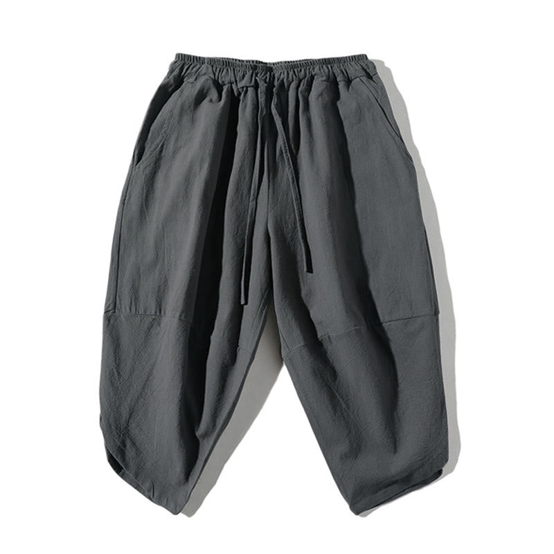 2Pcs Plain Notched Collar T-Shirt Wide Leg Shorts With Pockets Men's Meditation Cloth Set