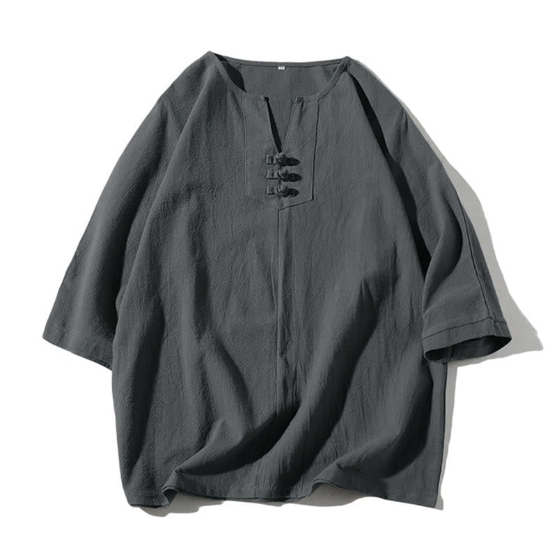 2Pcs Plain Notched Collar T-Shirt Wide Leg Shorts With Pockets Men's Meditation Cloth Set