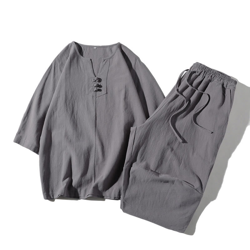 2Pcs Plain Notched Collar T-Shirt Wide Leg Shorts With Pockets Men's Meditation Cloth Set