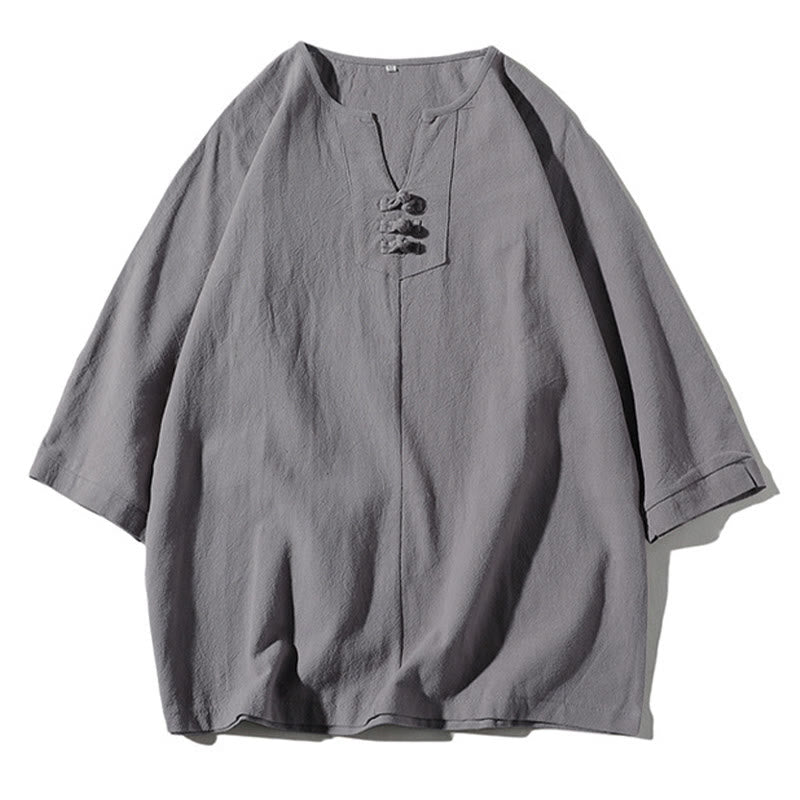 2Pcs Plain Notched Collar T-Shirt Wide Leg Shorts With Pockets Men's Meditation Cloth Set
