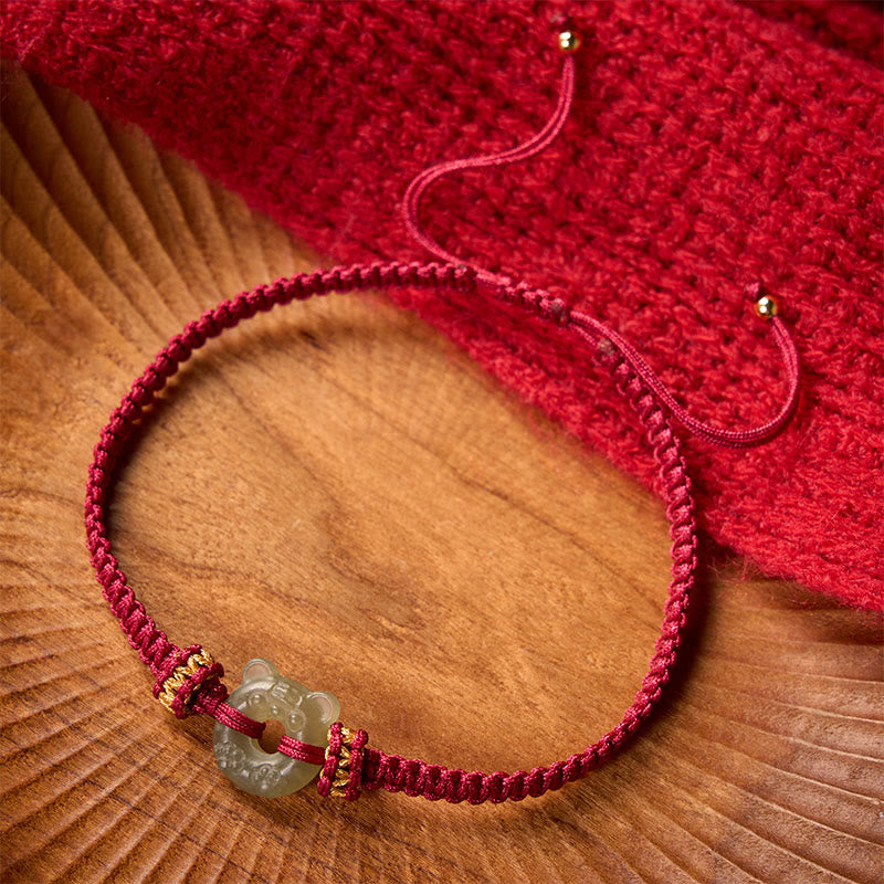 Jade Tiger Head Design Peace Buckle Grounding Red String Braided Bracelet