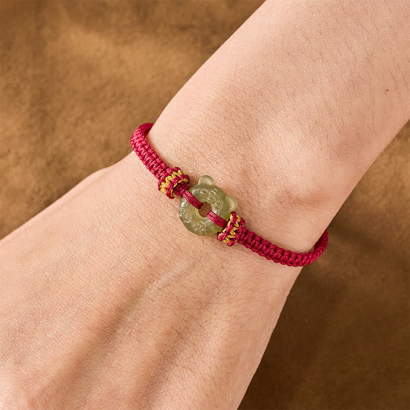 Jade Tiger Head Design Peace Buckle Grounding Red String Braided Bracelet