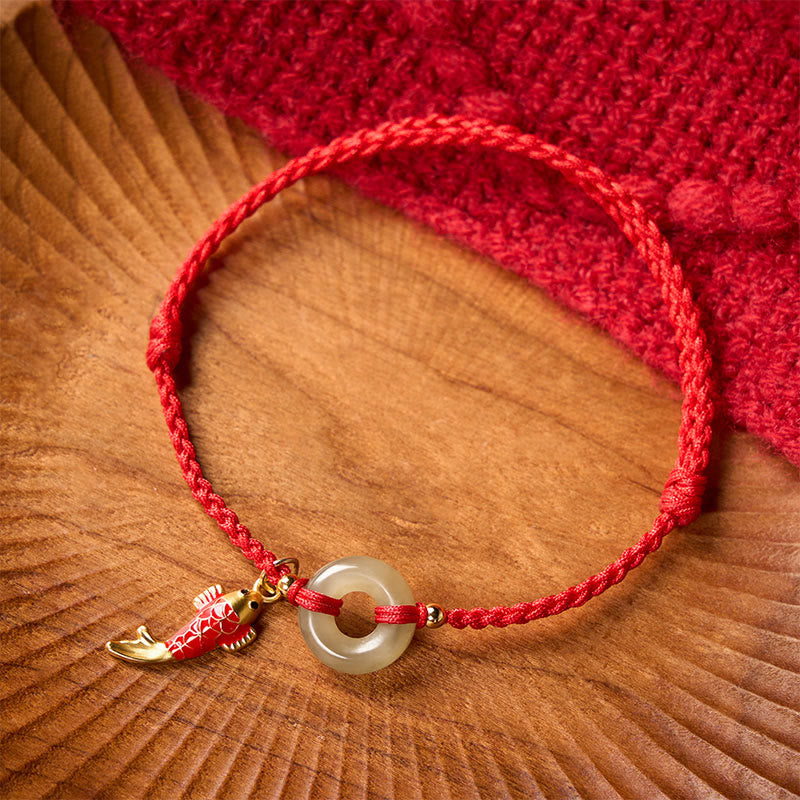Koi Fish Charm Peace Buckle Jade Red String Protection Bracelet