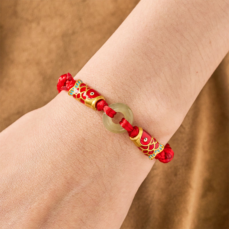 Hetian Jade Peace Buckle Double Koi Fish Red String Prosperity Bracelet
