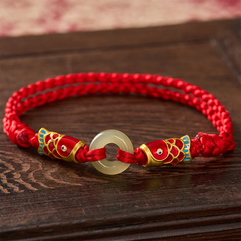 Hetian Jade Peace Buckle Double Koi Fish Red String Prosperity Bracelet