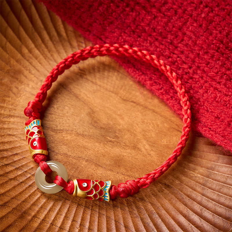 Hetian Jade Peace Buckle Double Koi Fish Red String Prosperity Bracelet