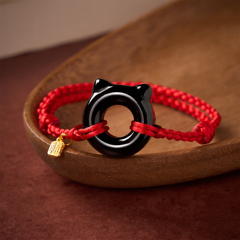 Black Obsidian Cat Design Peace Buckle Fu Character Red String Protection Braided Bracelet