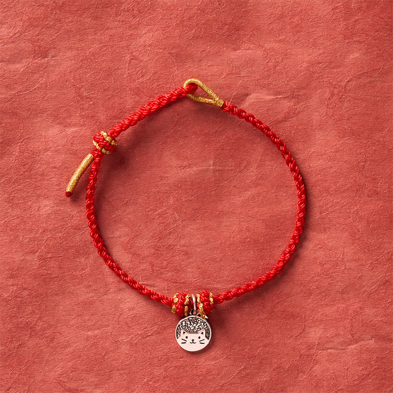 925 Sterling Silver Kitten Eating Fish Round Pendant Prosperity Red Black String Braided Bracelet
