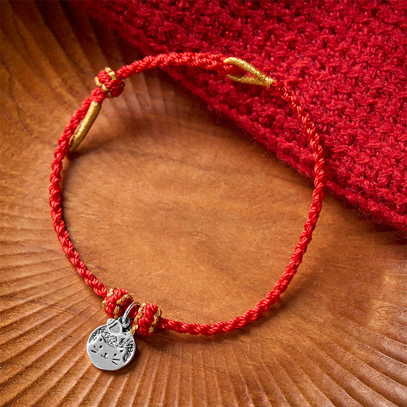 925 Sterling Silver Kitten Eating Fish Round Pendant Prosperity Red Black String Braided Bracelet