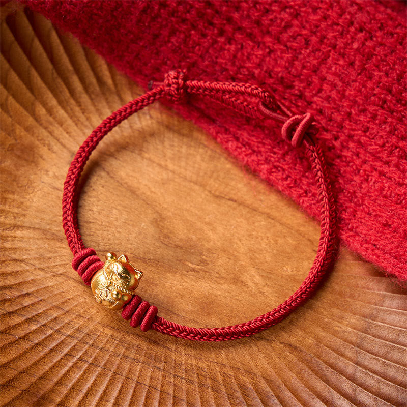Hand-Woven Red String Copper Lucky Cat Blessing Adjustable Bracelet