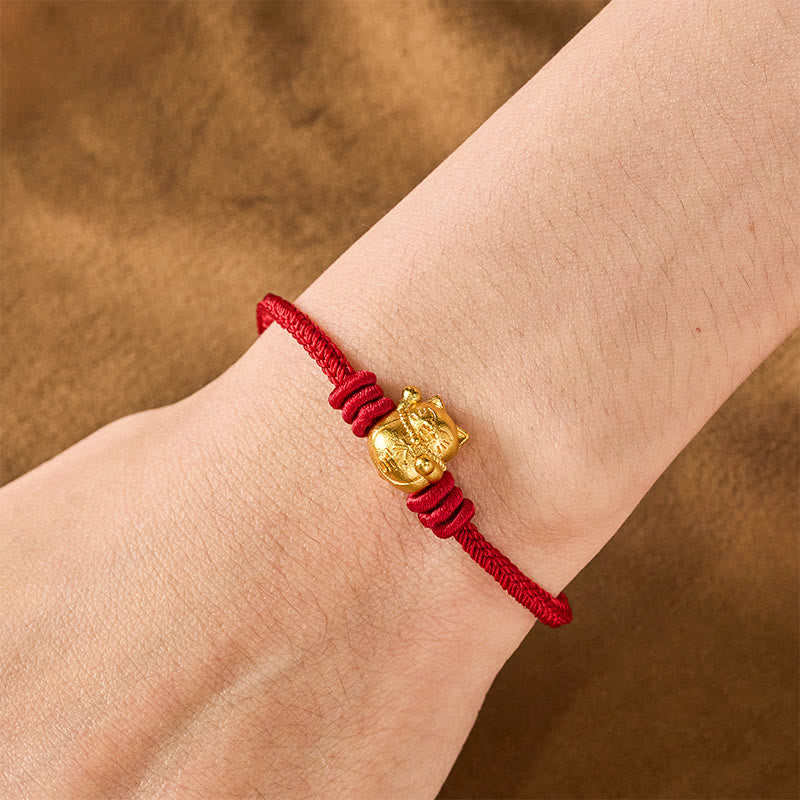 Hand-Woven Red String Copper Lucky Cat Blessing Adjustable Bracelet