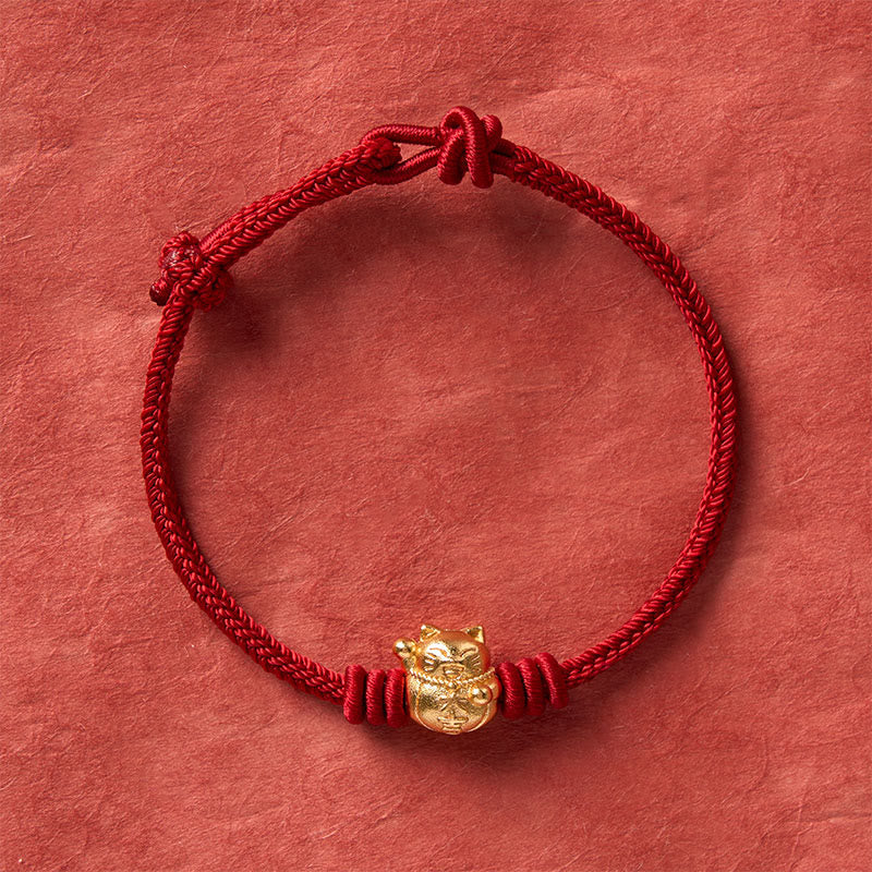 Hand-Woven Red String Copper Lucky Cat Blessing Adjustable Bracelet