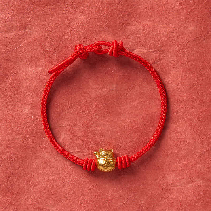Hand-Woven Red String Copper Lucky Cat Blessing Adjustable Bracelet