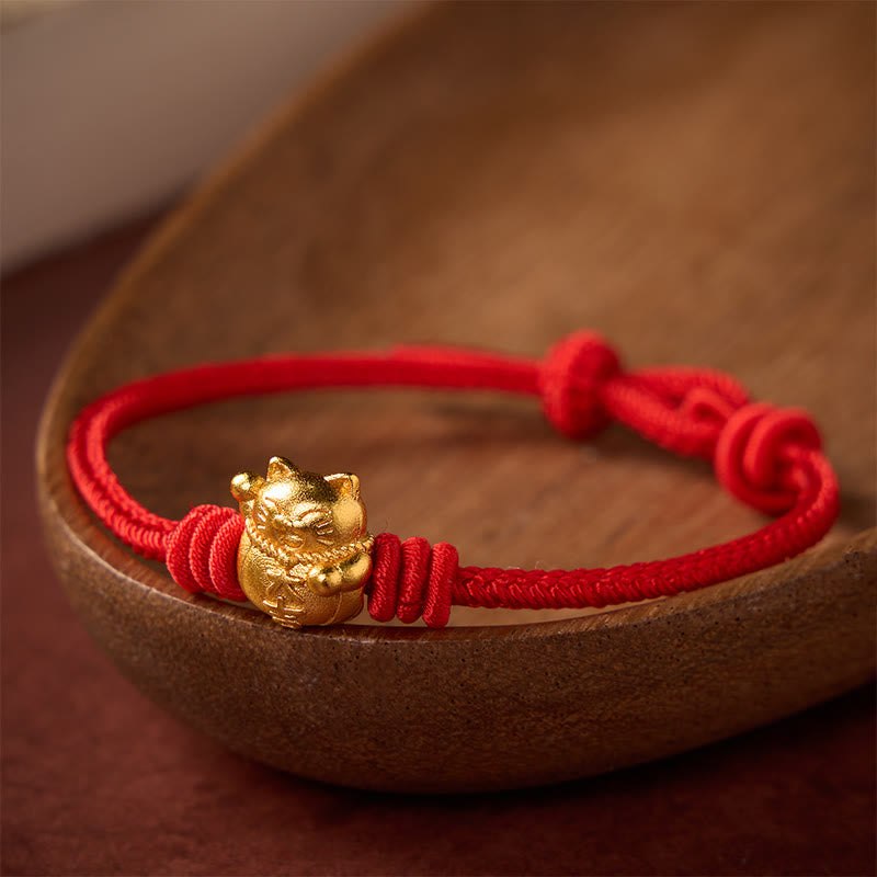Hand-Woven Red String Copper Lucky Cat Blessing Adjustable Bracelet