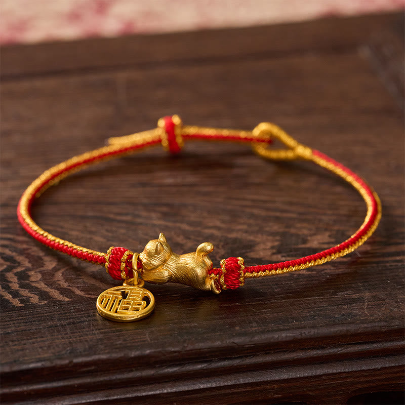 Lying-Down Cat Fu Character Copper Red String Hand-Woven Prosperity Bracelet
