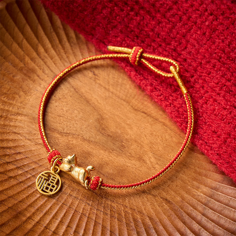 Lying-Down Cat Fu Character Copper Red String Hand-Woven Prosperity Bracelet