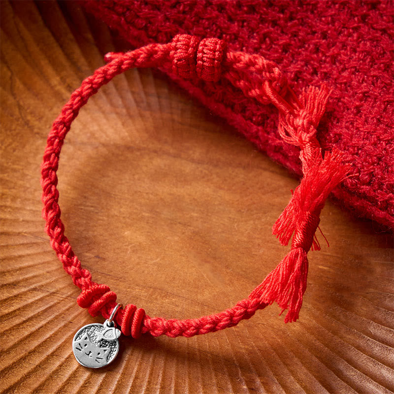 925 Sterling Silver Cute Cat Fish Protection Tibet Red String Adjustable Bracelet