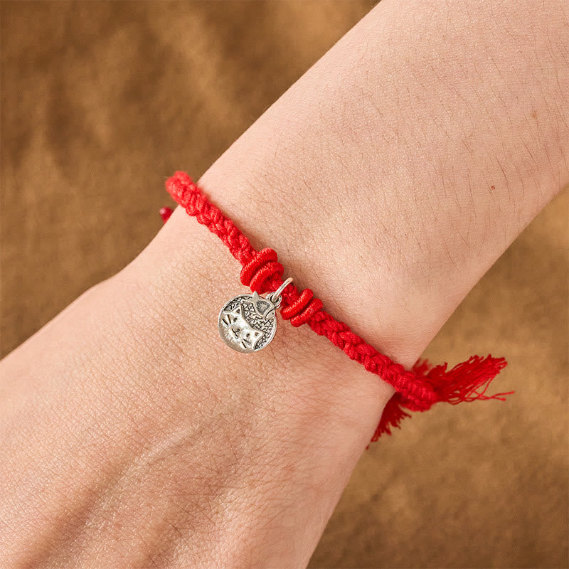 925 Sterling Silver Cute Cat Fish Protection Tibet Red String Adjustable Bracelet