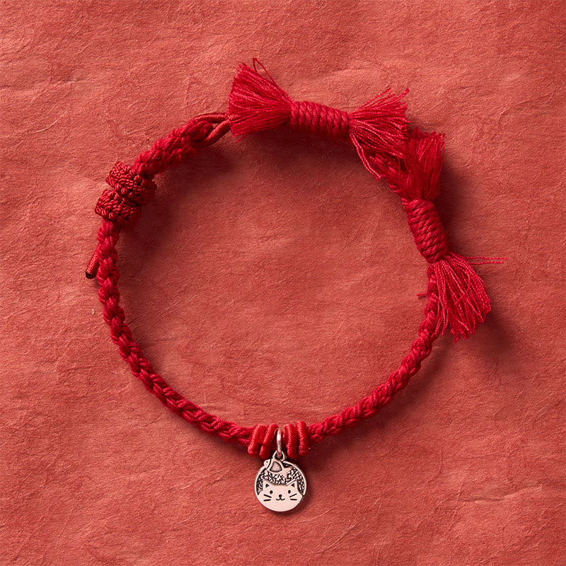 925 Sterling Silver Cute Cat Fish Protection Tibet Red String Adjustable Bracelet