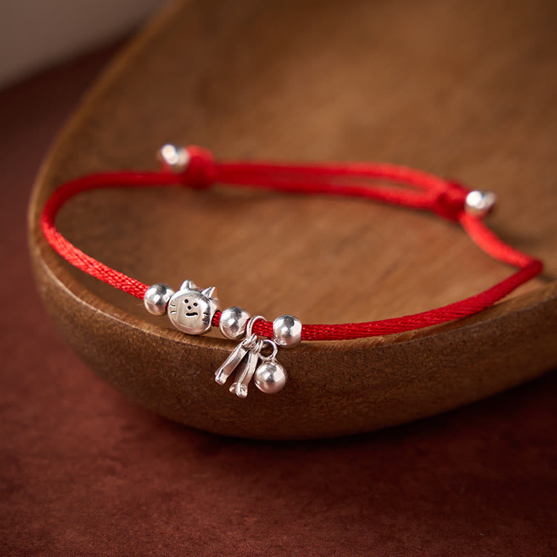 925 Sterling Silver Cute Cat Fish Red String Blessing Bracelet