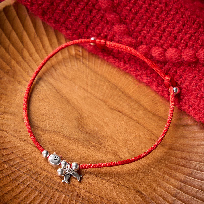 925 Sterling Silver Cute Cat Fish Red String Blessing Bracelet