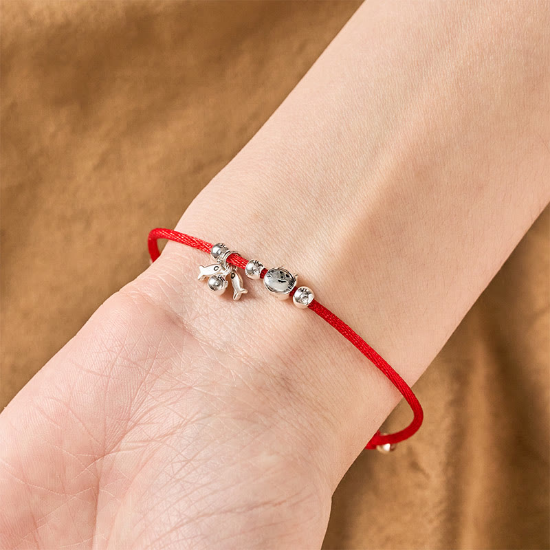 925 Sterling Silver Cute Cat Fish Red String Blessing Bracelet