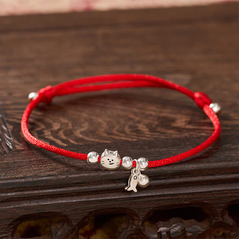 925 Sterling Silver Cute Cat Fish Red String Blessing Bracelet