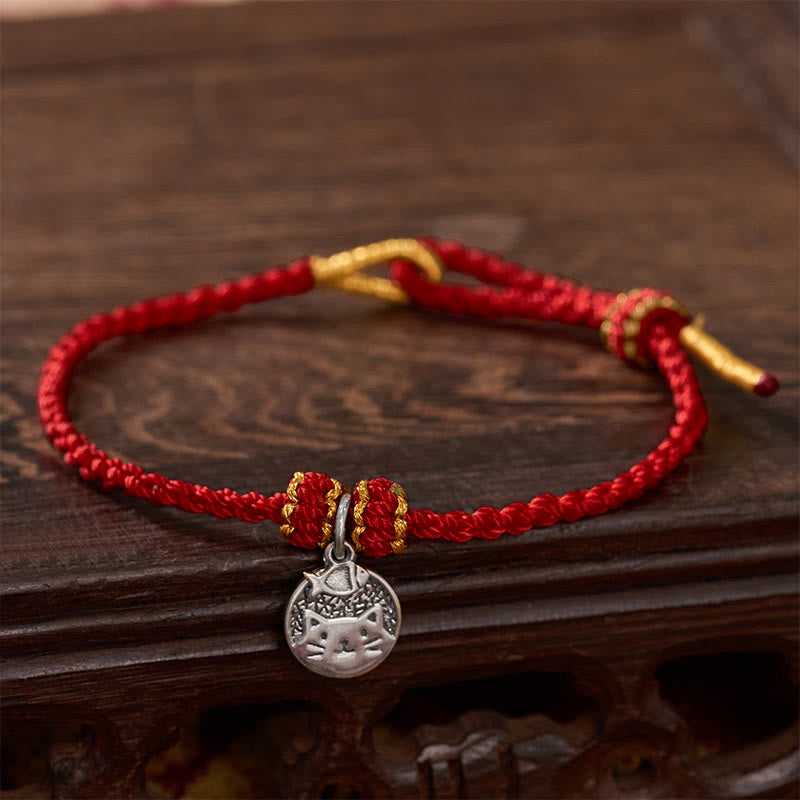925 Sterling Silver Kitten Eating Fish Round Pendant Prosperity Red Black String Braided Bracelet