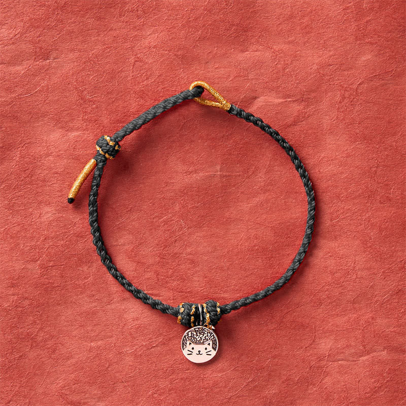 925 Sterling Silver Kitten Eating Fish Round Pendant Prosperity Red Black String Braided Bracelet