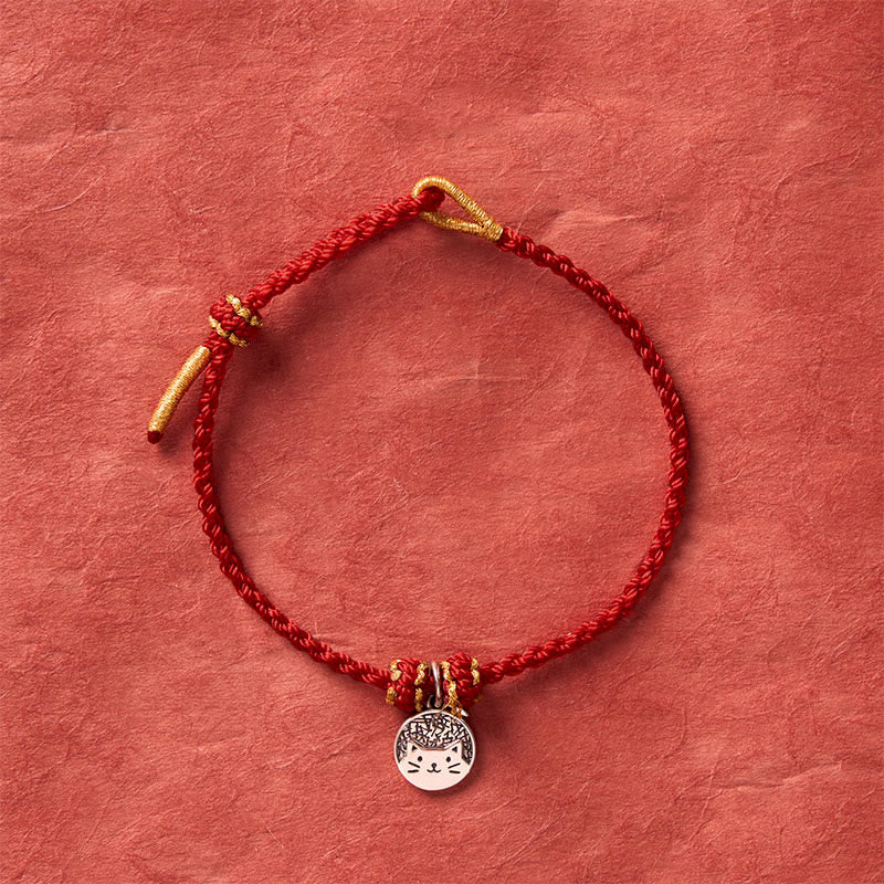 925 Sterling Silver Kitten Eating Fish Round Pendant Prosperity Red Black String Braided Bracelet