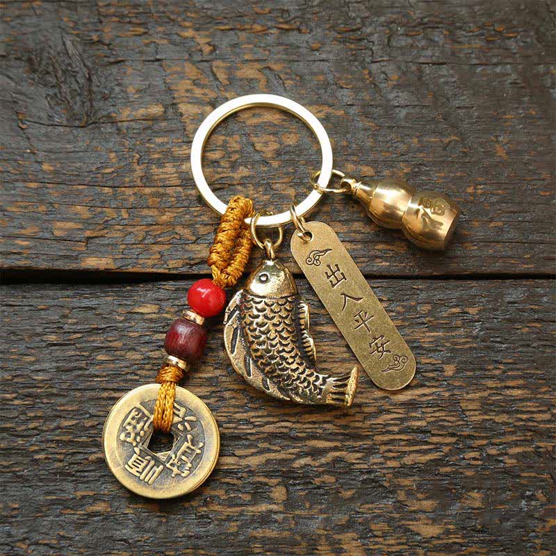 Brass Koi Fish Gourd Five Emperor Coins Wealth Braided Keychains