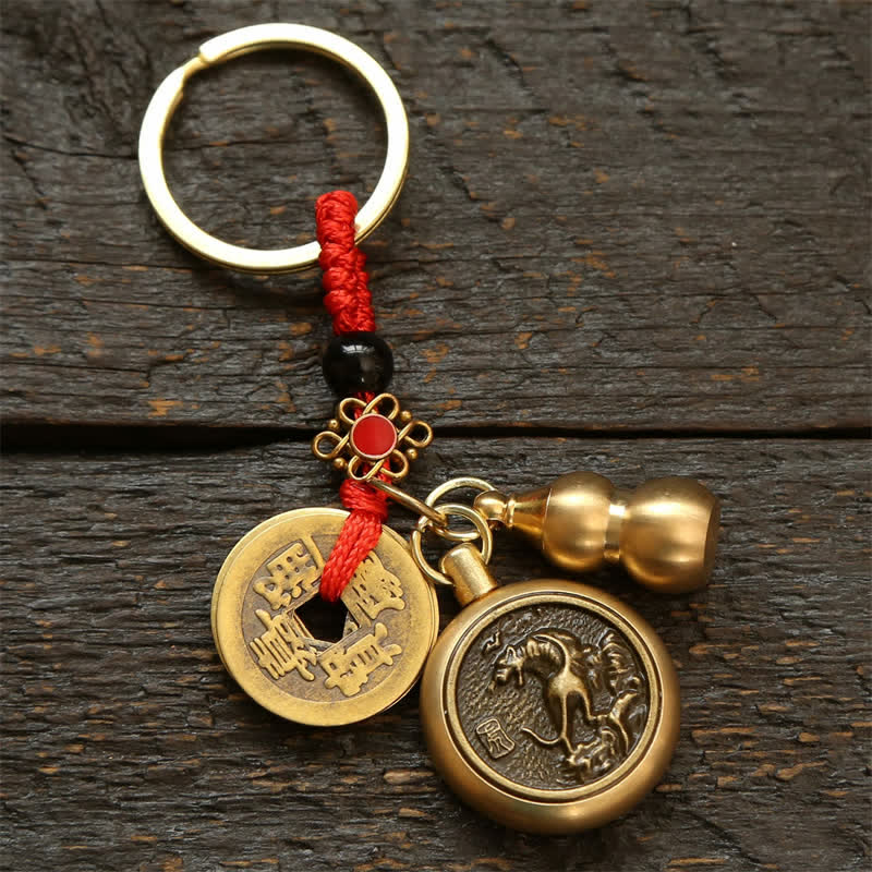 Copper Chinese Zodiac Five Emperor Coins Red String Wealth Keychains