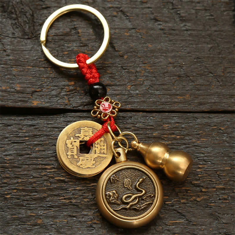 Copper Chinese Zodiac Five Emperor Coins Red String Wealth Keychains