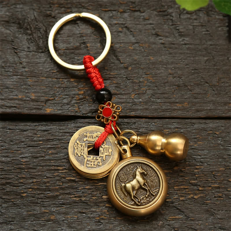 Copper Chinese Zodiac Five Emperor Coins Red String Wealth Keychains