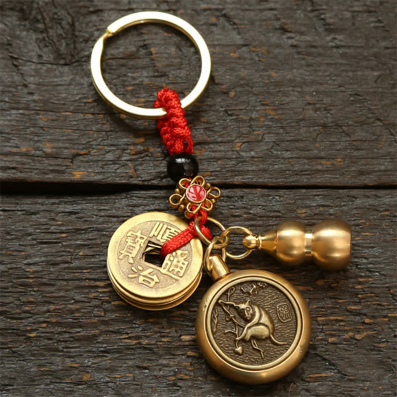 Copper Chinese Zodiac Five Emperor Coins Red String Wealth Keychains