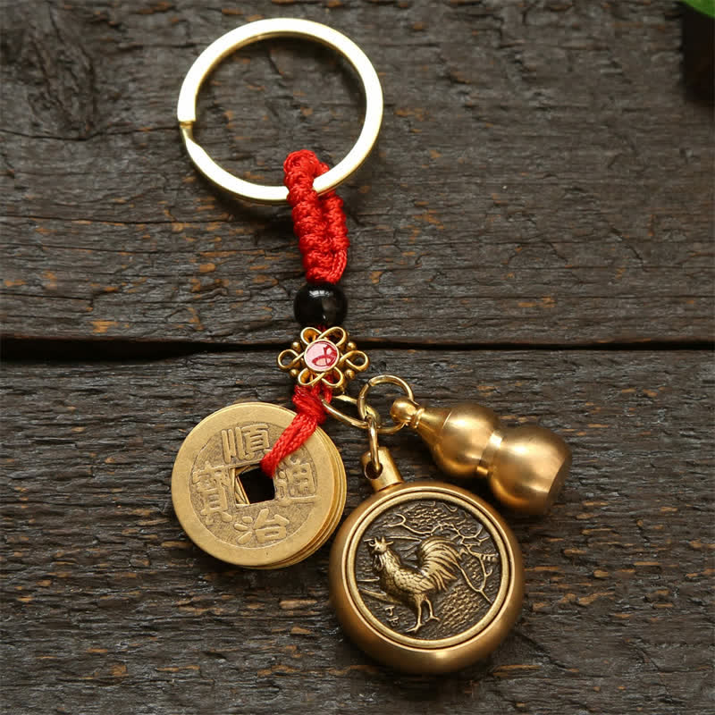 Copper Chinese Zodiac Five Emperor Coins Red String Wealth Keychains