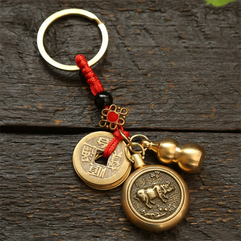 Copper Chinese Zodiac Five Emperor Coins Red String Wealth Keychains