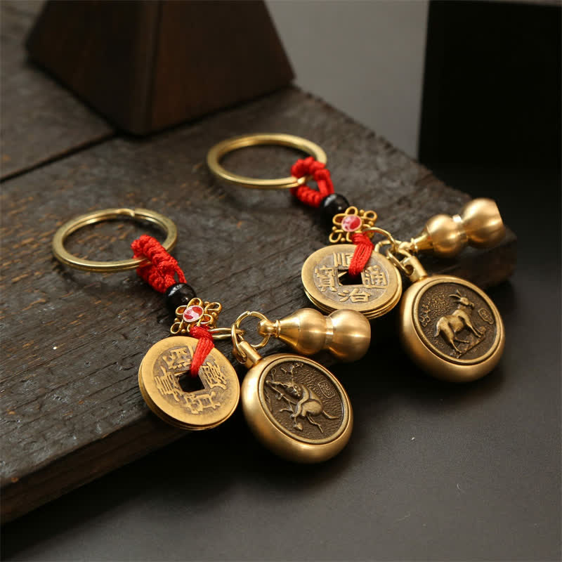 Copper Chinese Zodiac Five Emperor Coins Red String Wealth Keychains