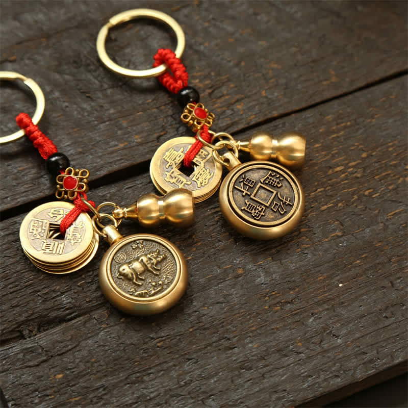 Copper Chinese Zodiac Five Emperor Coins Red String Wealth Keychains
