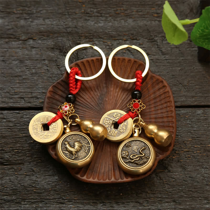 Copper Chinese Zodiac Five Emperor Coins Red String Wealth Keychains
