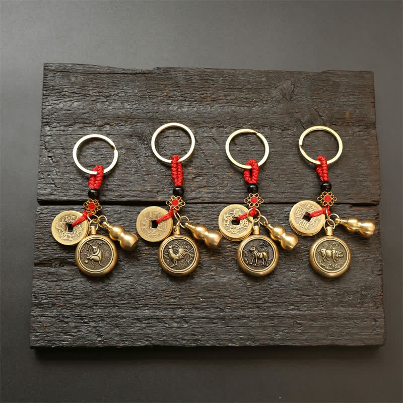 Copper Chinese Zodiac Five Emperor Coins Red String Wealth Keychains